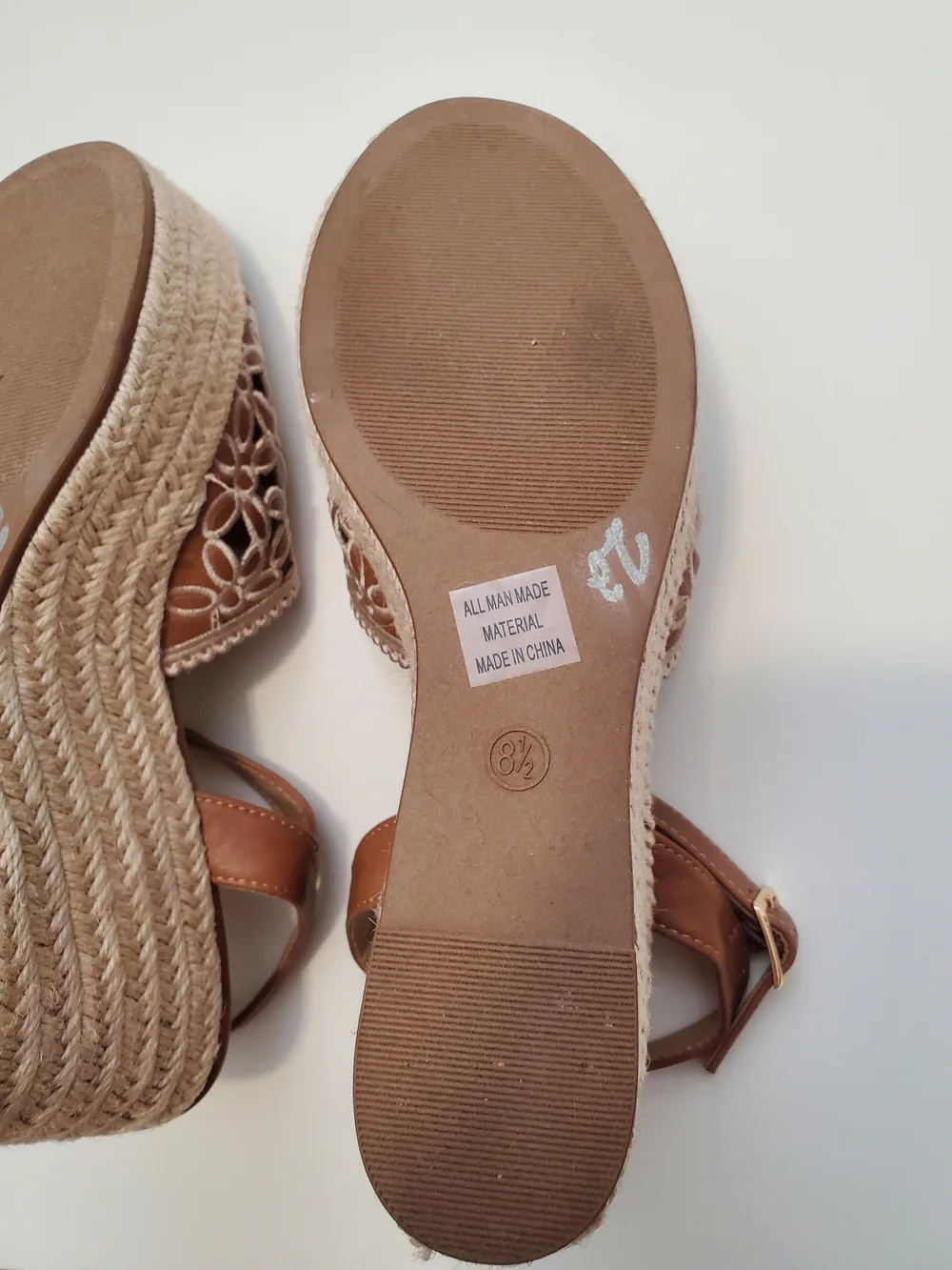 Soda Espadrille Wedges Tan Ankle Strap and White Flora Size 8½
